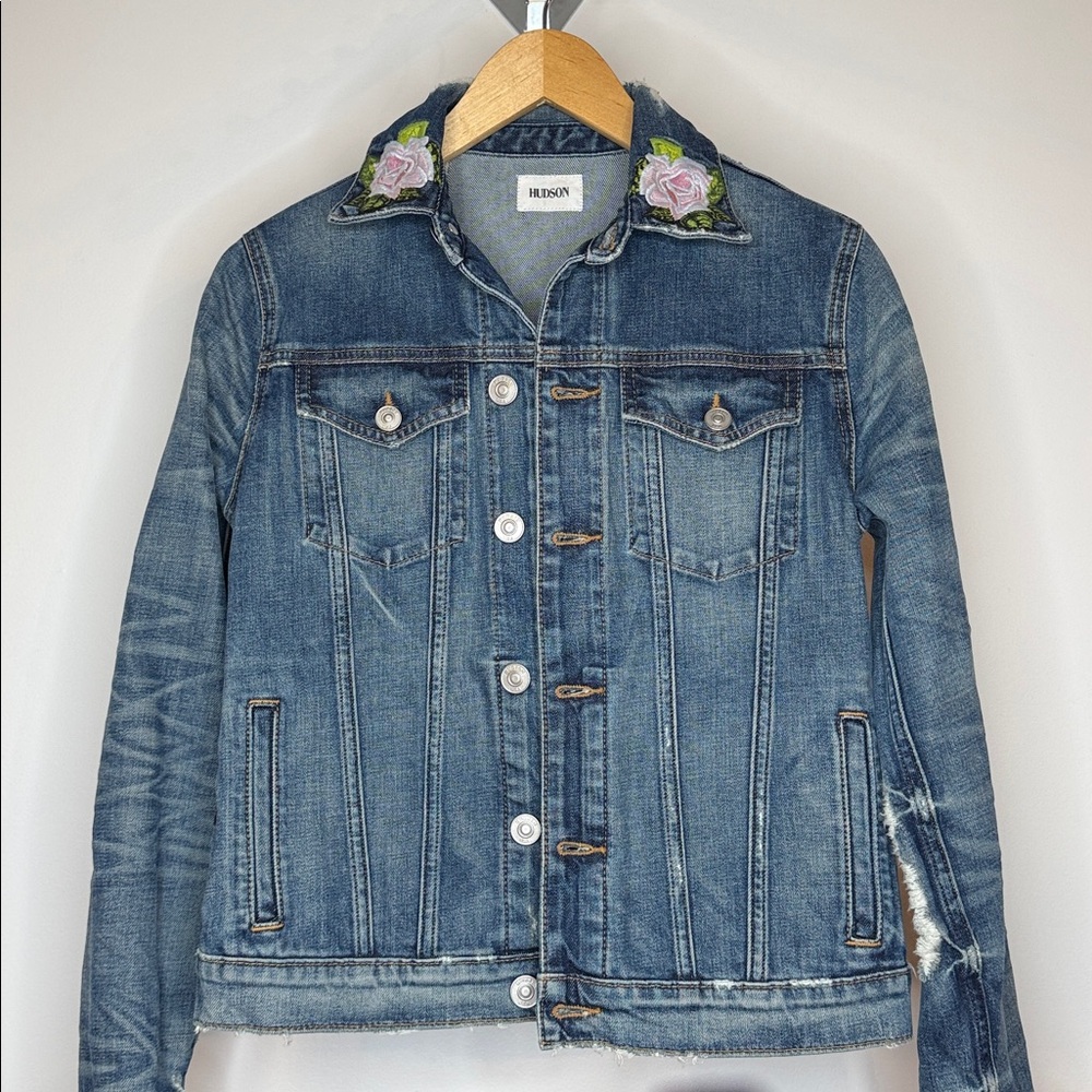 Hudson Distressed the classic rose embroidered denim Jean Jacket size XS - Picture 2 of 12